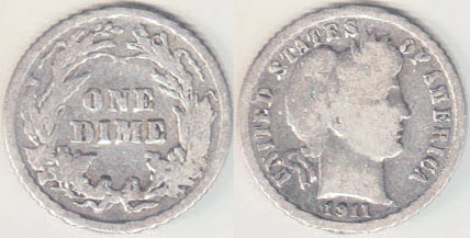 1911 USA silver 10 Cents (Dime) A000498